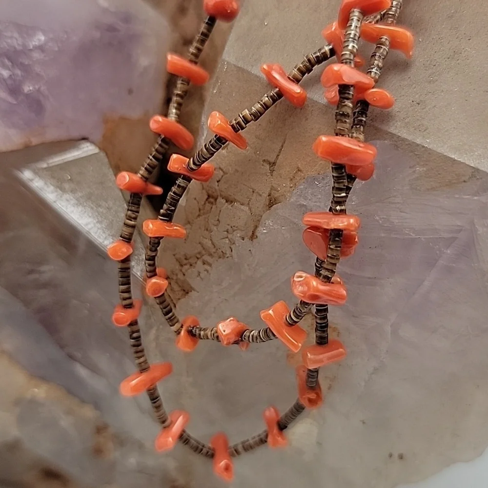 Navajo Branch Coral Heishi Beaded Sterling Silver Closure Single Strand Necklace